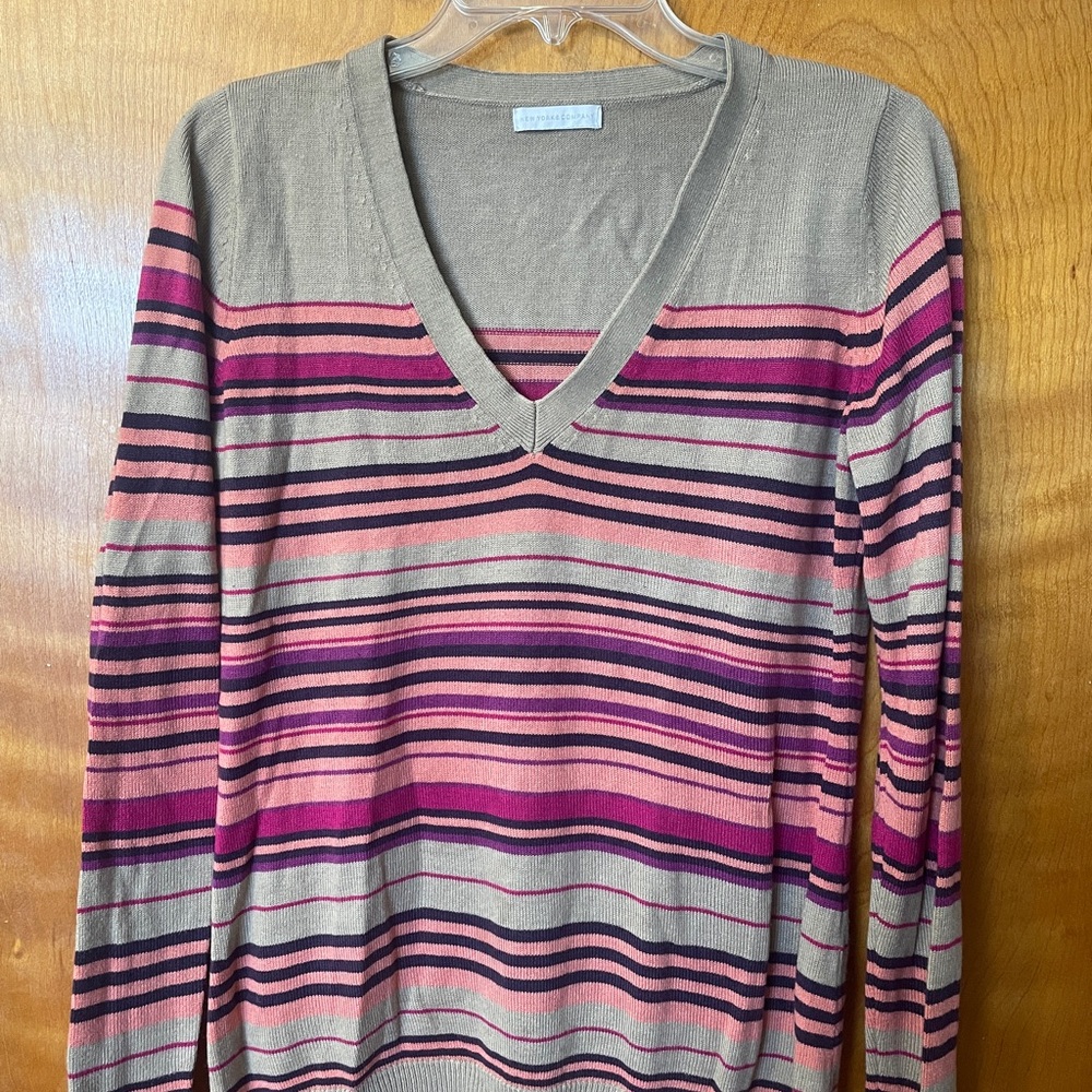 New York & Company Tan and Pink Striped Top